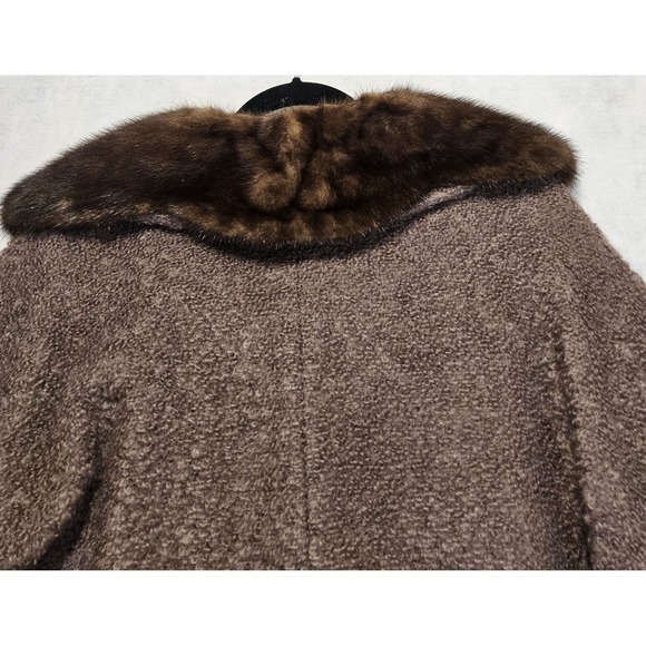 Vtg Swing Coat L /  12 / 14 Wool Capelet Cape Mink Fur 50s 60s Brown Boucle - Picture 6 of 9